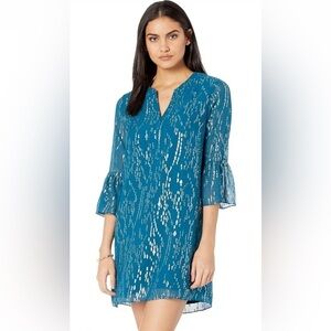 EUC Lilly Pulitzer Elenora Silk Dress Inky Tidal Fish Clip Chiffon medium